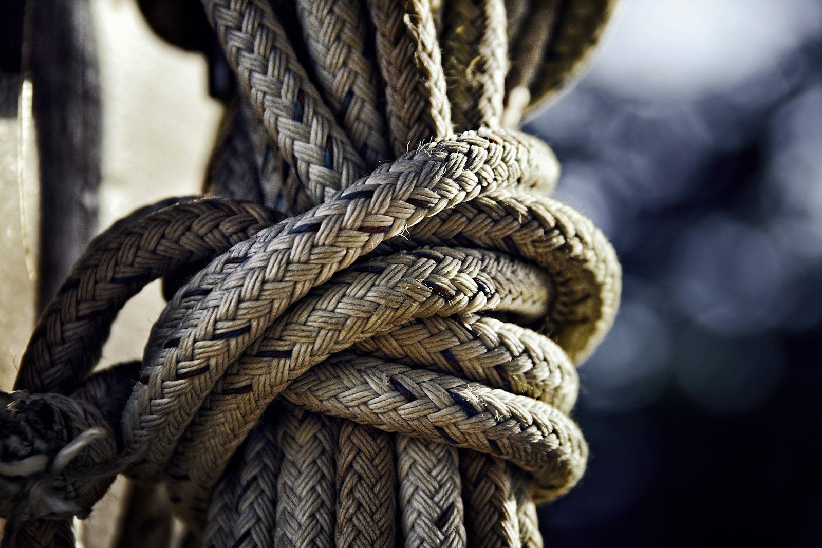 Close-up of a knotted, worn rope